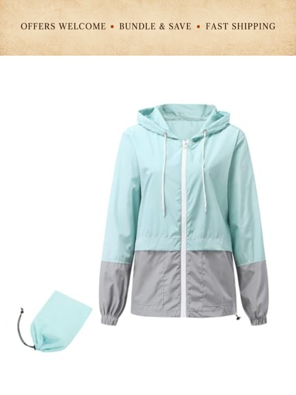 Waterproof Packable Rain Jacket Windbreaker Lightweight Hooded Zip Coat